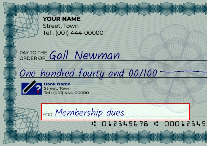 Step 5: Fill out the memo on the 140 dollar check, showing a check with 'Membership dues' written in the memo field