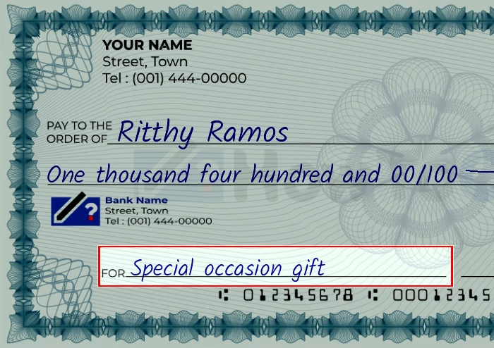 Step 5: Fill out the memo on the 1400 dollar check, showing a check with 'Special occasion gift' written in the memo field