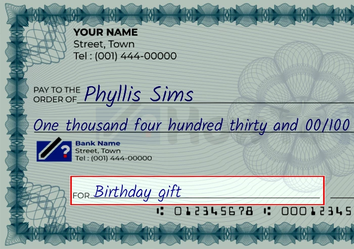 Step 5: Fill out the memo on the 1430 dollar check, showing a check with 'Birthday gift' written in the memo field