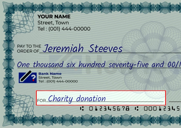 Step 5: Fill out the memo on the 1675 dollar check, showing a check with 'Charity donation' written in the memo field