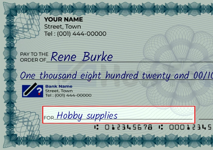 Step 5: Fill out the memo on the 1820 dollar check, showing a check with 'Hobby supplies' written in the memo field