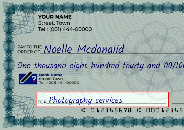 Step 5: Fill out the memo on the 1840 dollar check, showing a check with 'Photography services' written in the memo field