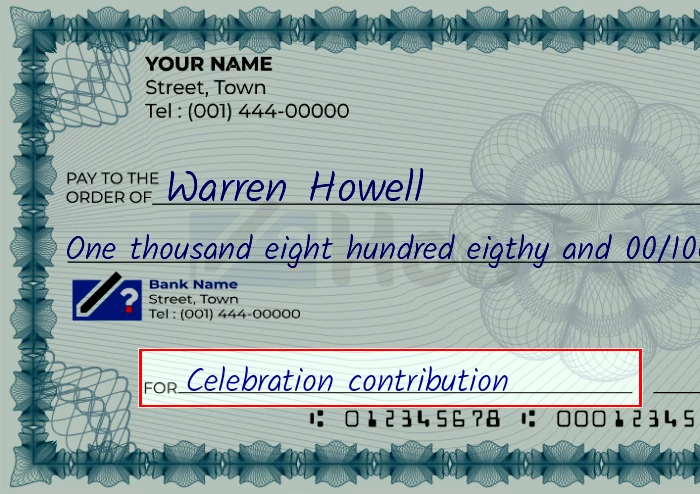 Step 5: Fill out the memo on the 1880 dollar check, showing a check with 'Celebration contribution' written in the memo field