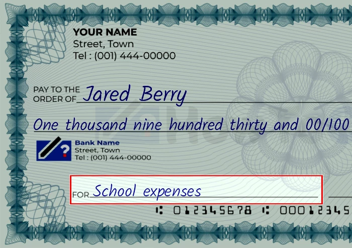 Step 5: Fill out the memo on the 1930 dollar check, showing a check with 'School expenses' written in the memo field