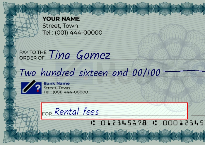 Step 5: Fill out the memo on the 216 dollar check, showing a check with 'Rental fees' written in the memo field