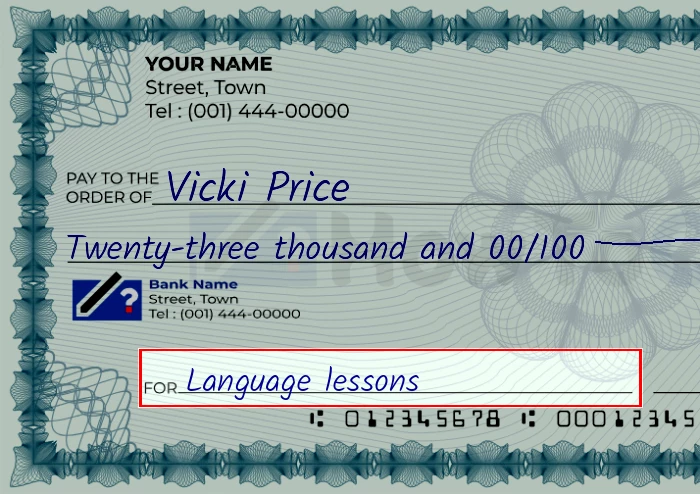 Step 5: Fill out the memo on the 23000 dollar check, showing a check with 'Language lessons' written in the memo field