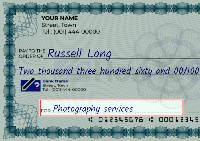 Step 5: Fill out the memo on the 2360 dollar check, showing a check with 'Photography services' written in the memo field