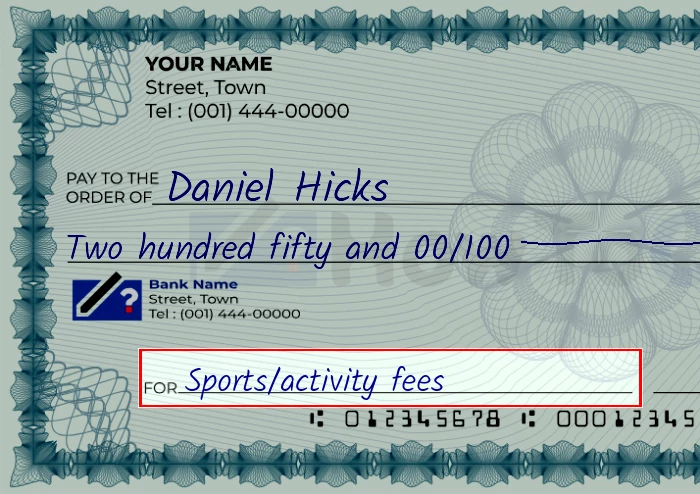 Step 5: Fill out the memo on the 250 dollar check, showing a check with 'Sports/activity fees' written in the memo field
