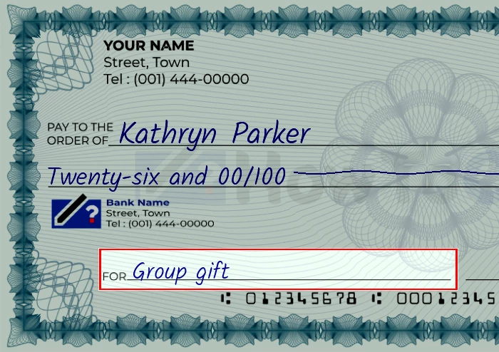 Step 5: Fill out the memo on the 26 dollar check, showing a check with 'Group gift' written in the memo field