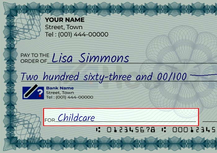 Step 5: Fill out the memo on the 263 dollar check, showing a check with 'Childcare' written in the memo field