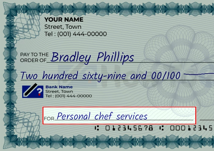 Step 5: Fill out the memo on the 269 dollar check, showing a check with 'Personal chef services' written in the memo field