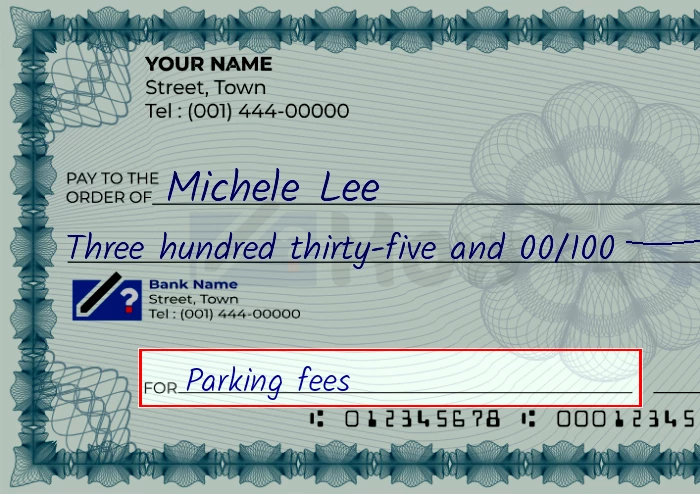 Step 5: Fill out the memo on the 335 dollar check, showing a check with 'Parking fees' written in the memo field