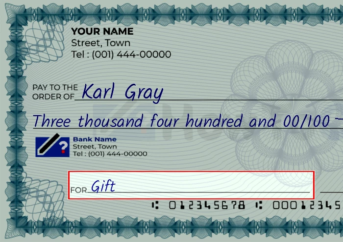 Step 5: Fill out the memo on the 3400 dollar check, showing a check with 'Gift' written in the memo field