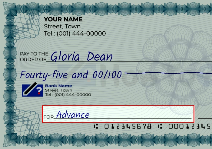 Step 5: Fill out the memo on the 45 dollar check, showing a check with 'Advance' written in the memo field