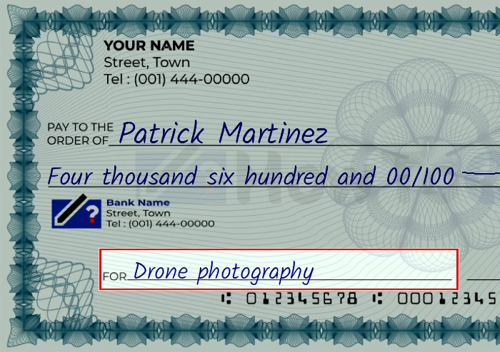 Step 5: Fill out the memo on the 4600 dollar check, showing a check with 'Drone photography' written in the memo field