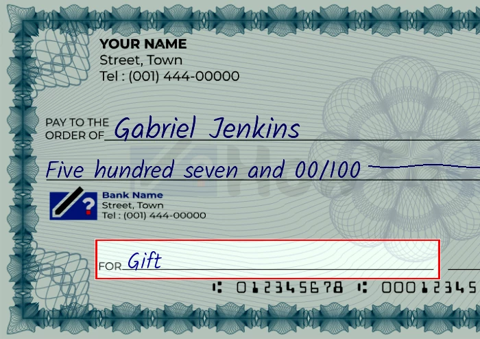 Step 5: Fill out the memo on the 507 dollar check, showing a check with 'Gift' written in the memo field