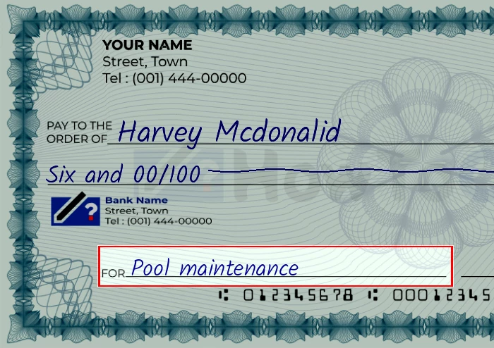Step 5: Fill out the memo on the 6 dollar check, showing a check with 'Pool maintenance' written in the memo field