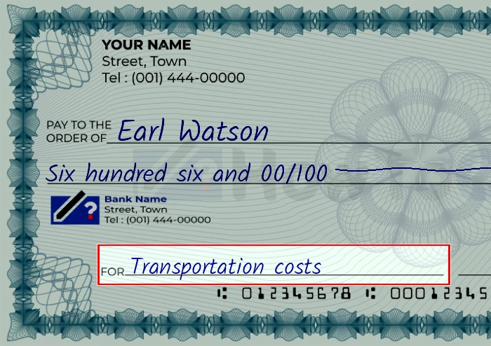 Step 5: Fill out the memo on the 606 dollar check, showing a check with 'Transportation costs' written in the memo field