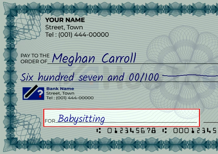 Step 5: Fill out the memo on the 607 dollar check, showing a check with 'Babysitting' written in the memo field