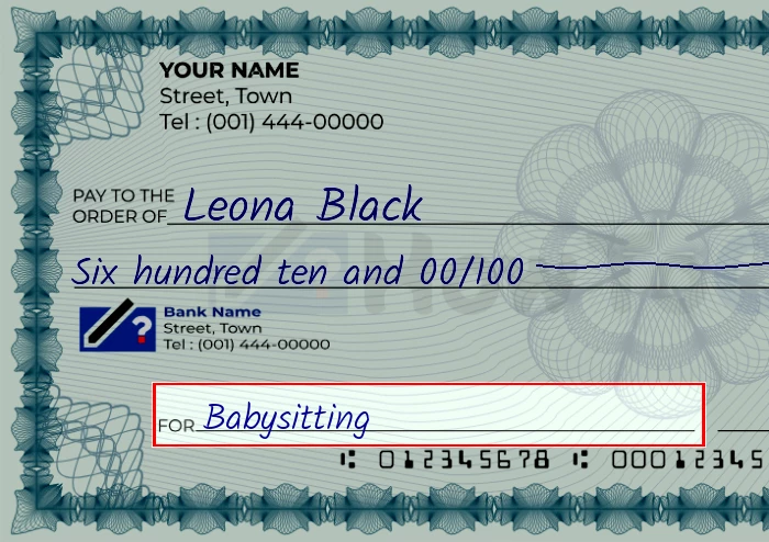 Step 5: Fill out the memo on the 610 dollar check, showing a check with 'Babysitting' written in the memo field