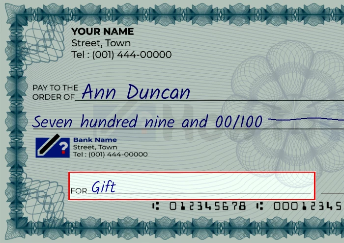 Step 5: Fill out the memo on the 709 dollar check, showing a check with 'Gift' written in the memo field