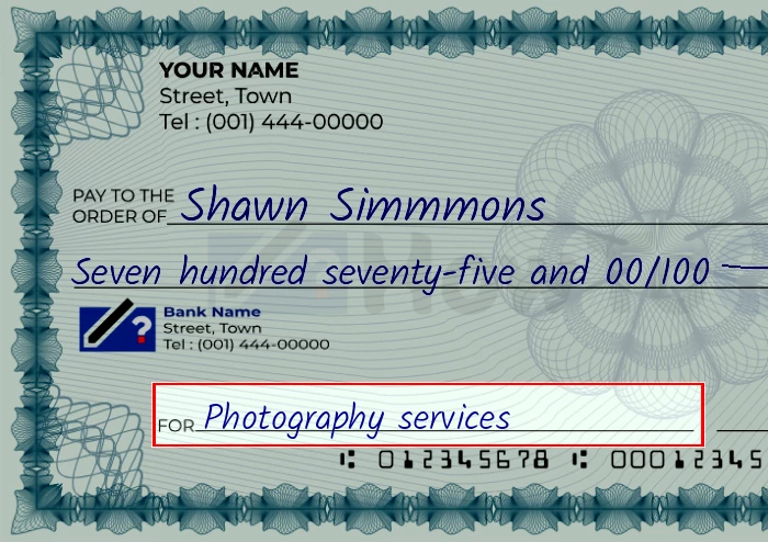 Step 5: Fill out the memo on the 775 dollar check, showing a check with 'Photography services' written in the memo field