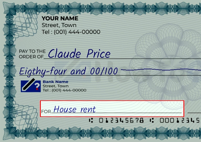 Step 5: Fill out the memo on the 84 dollar check, showing a check with 'House rent' written in the memo field