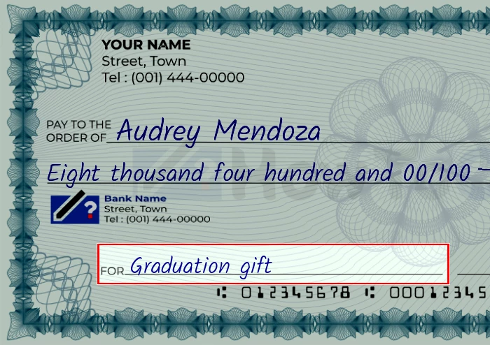 Step 5: Fill out the memo on the 8400 dollar check, showing a check with 'Graduation gift' written in the memo field