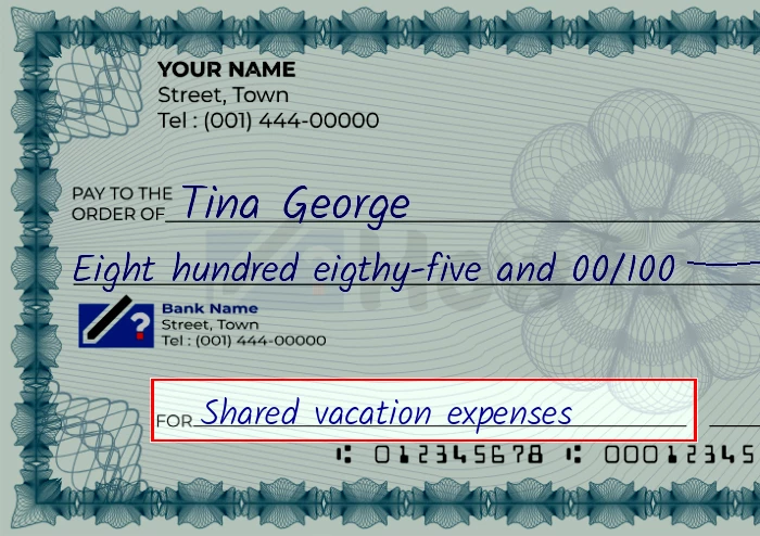 Step 5: Fill out the memo on the 885 dollar check, showing a check with 'Shared vacation expenses' written in the memo field