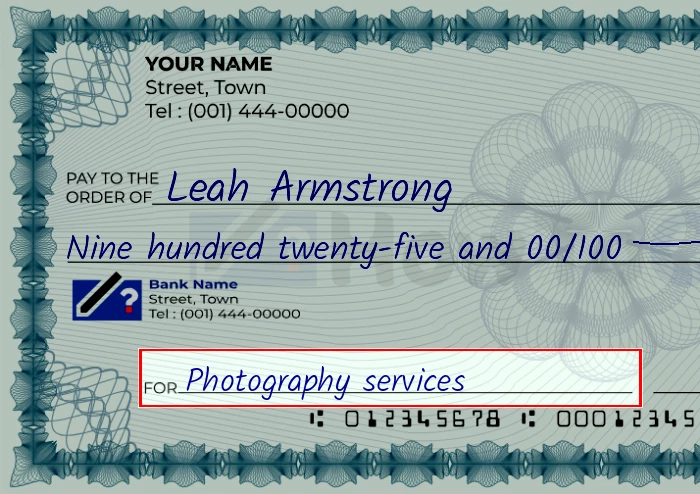 Step 5: Fill out the memo on the 925 dollar check, showing a check with 'Photography services' written in the memo field