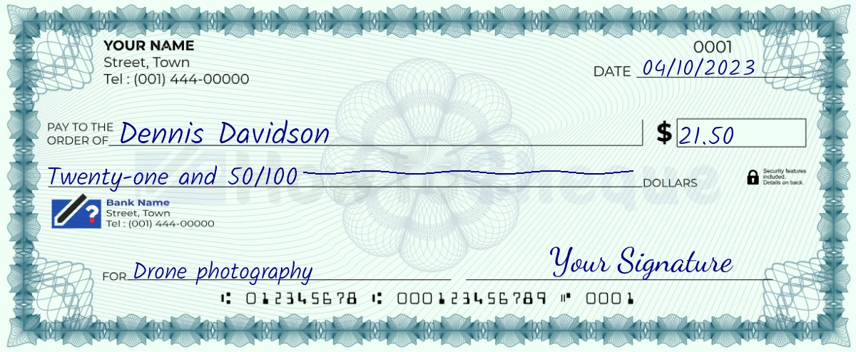 Example check of 21 dollar 50 cent