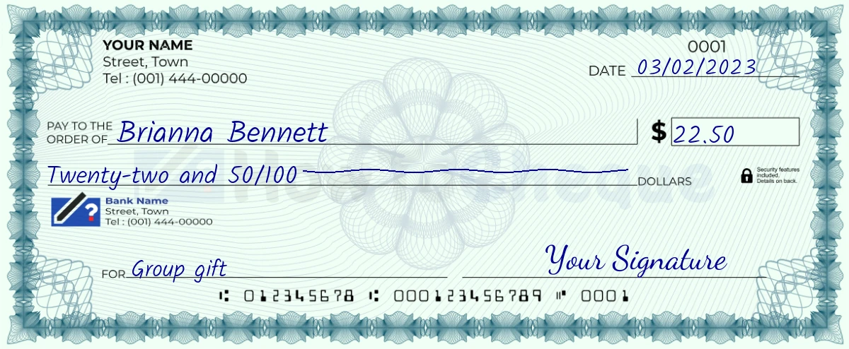 Example check of 22 dollar 50 cent