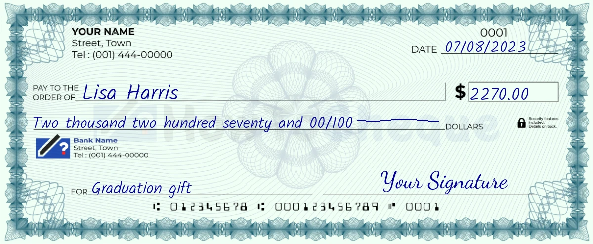 Example check of 2270 dollar