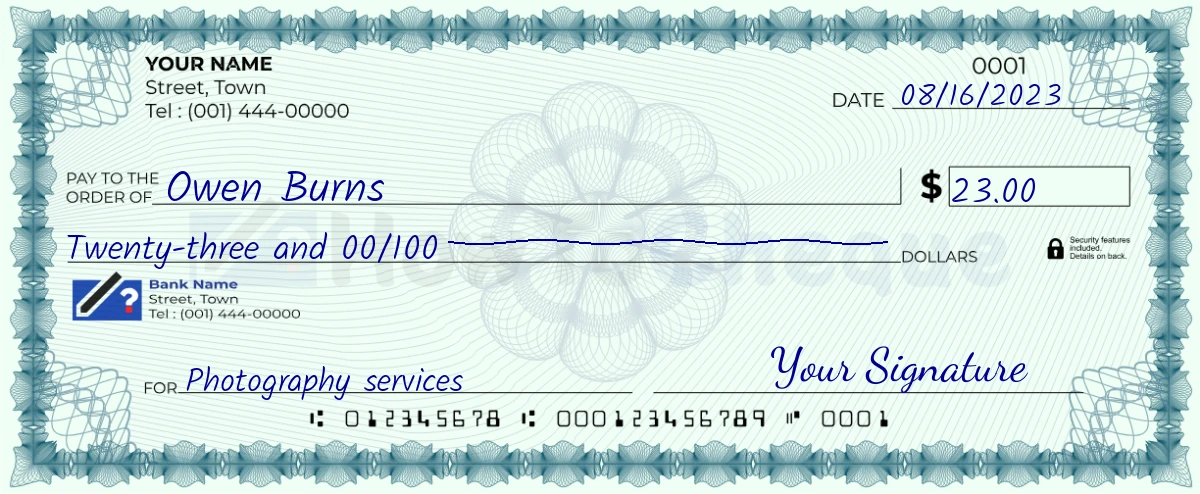 Example check of 23 dollar