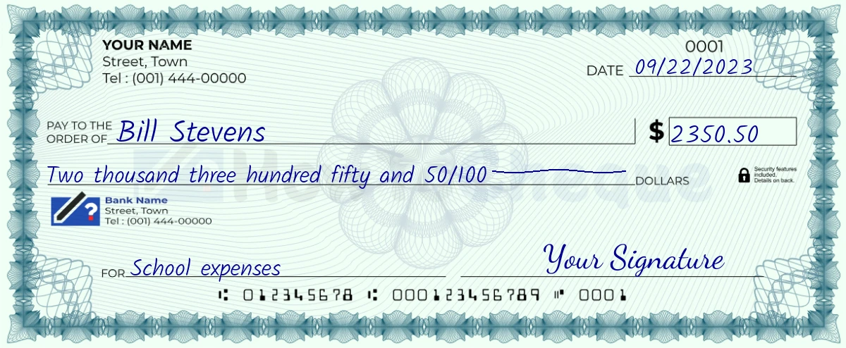 Example check of 2350 dollar 50 cent