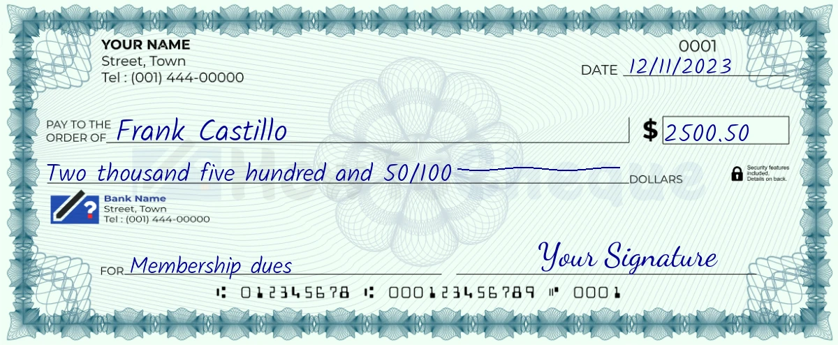 Example check of 2500 dollar 50 cent