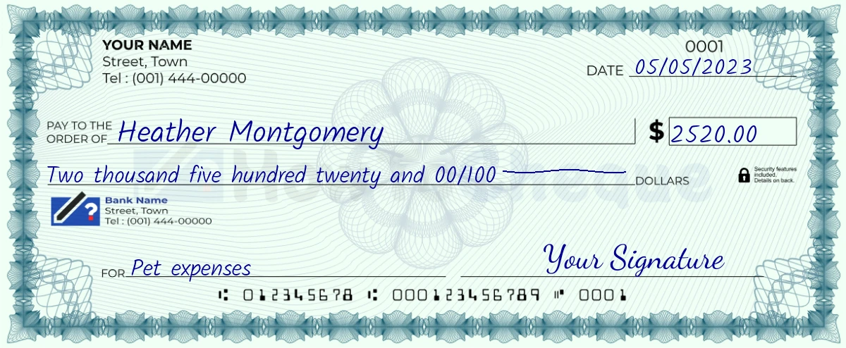 Example check of 2520 dollar
