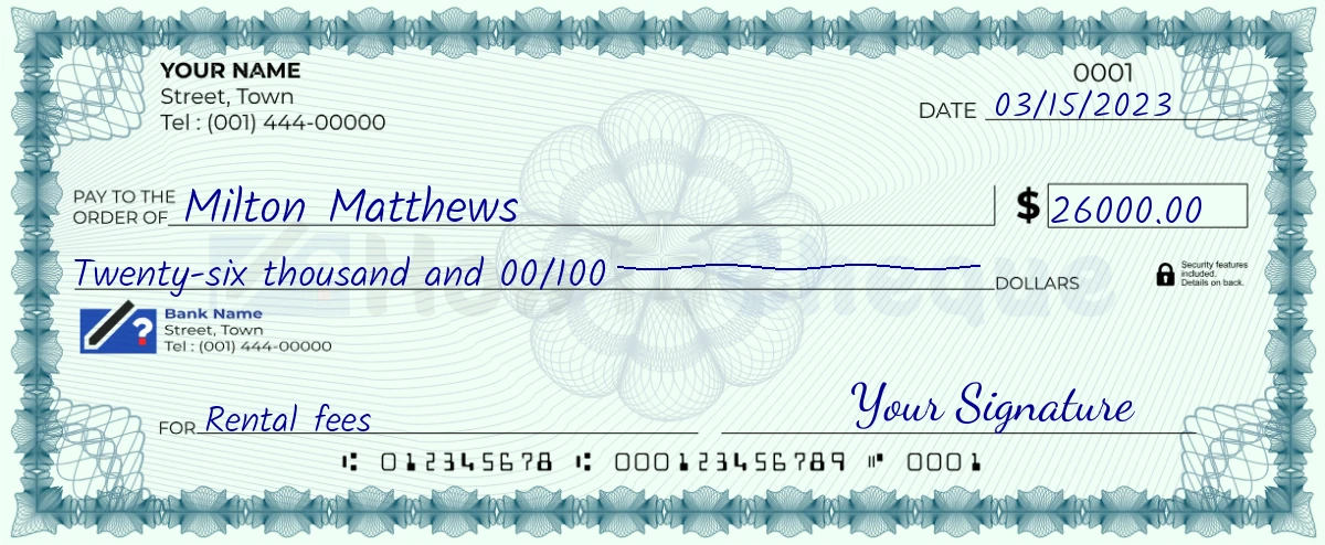 Example check of 26000 dollar