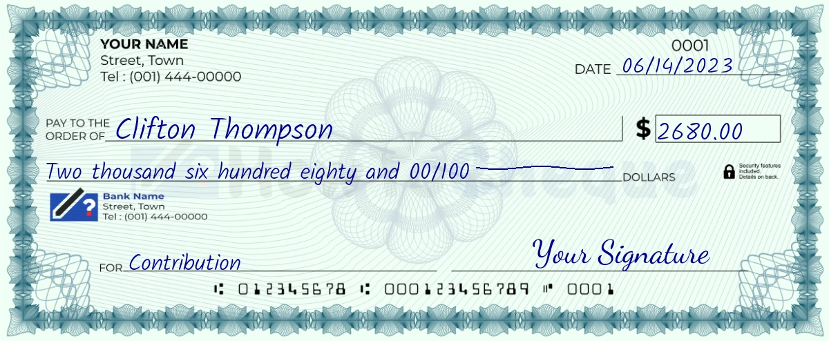 Example check of 2680 dollar