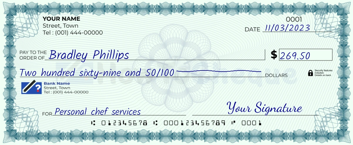 Example check of 269 dollar 50 cent