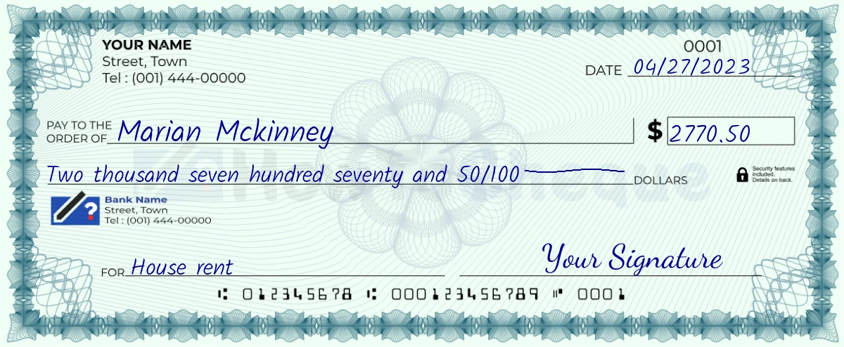 Example check of 2770 dollar 50 cent