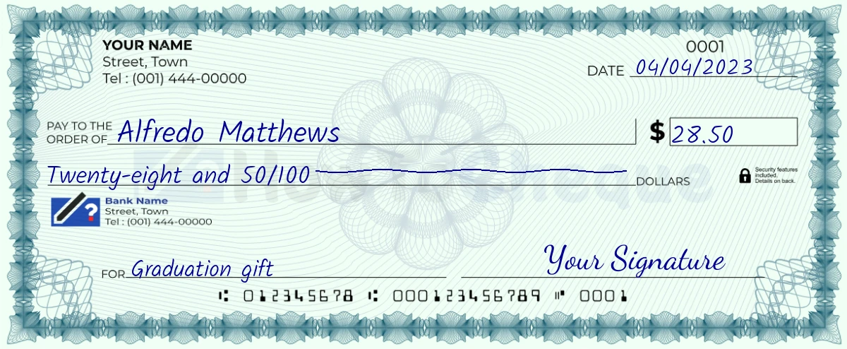 Example check of 28 dollar 50 cent