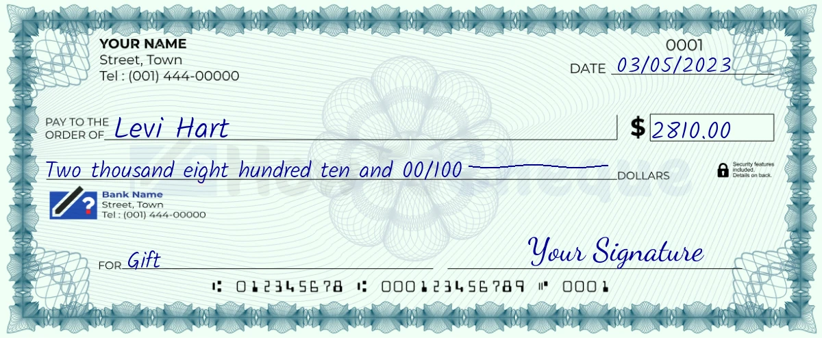 Example check of 2810 dollar