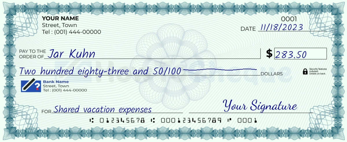 Example check of 283 dollar 50 cent