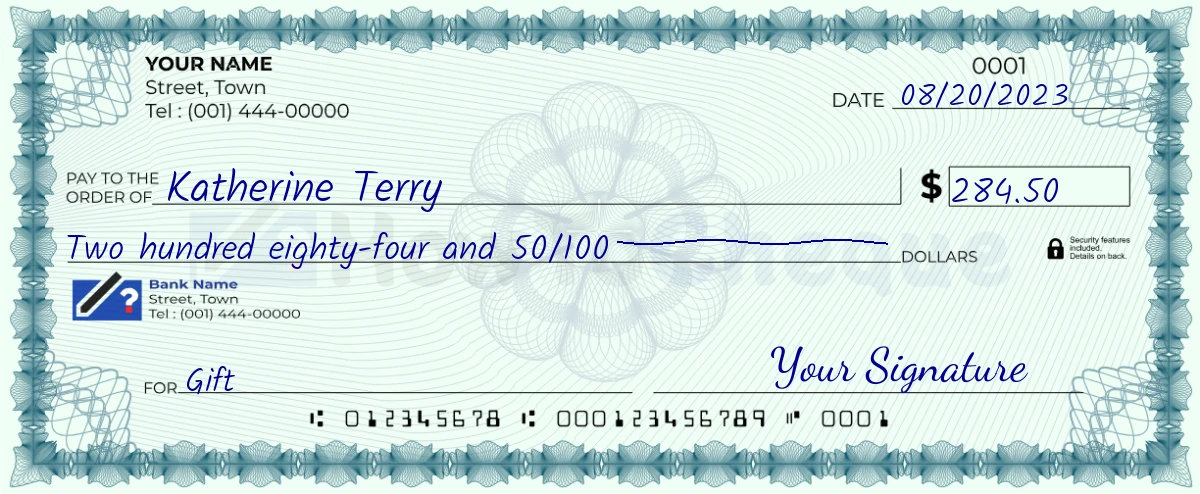 Example check of 284 dollar 50 cent