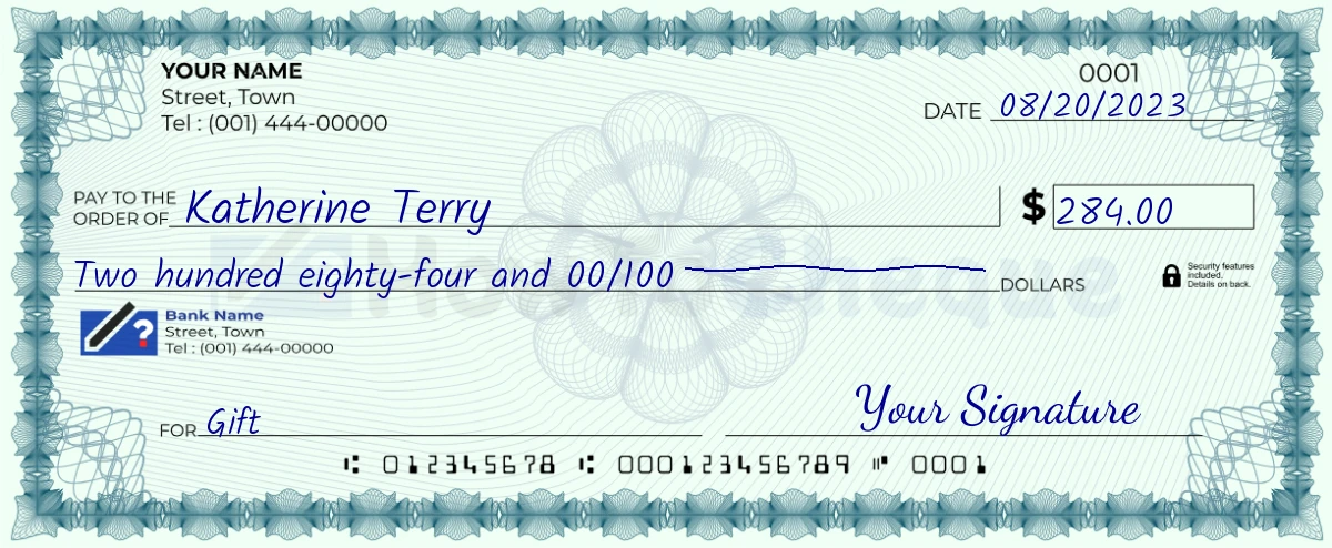 Example check of 284 dollar