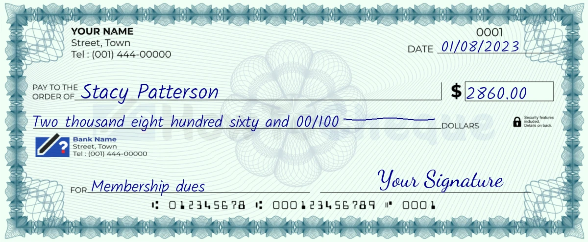 Example check of 2860 dollar