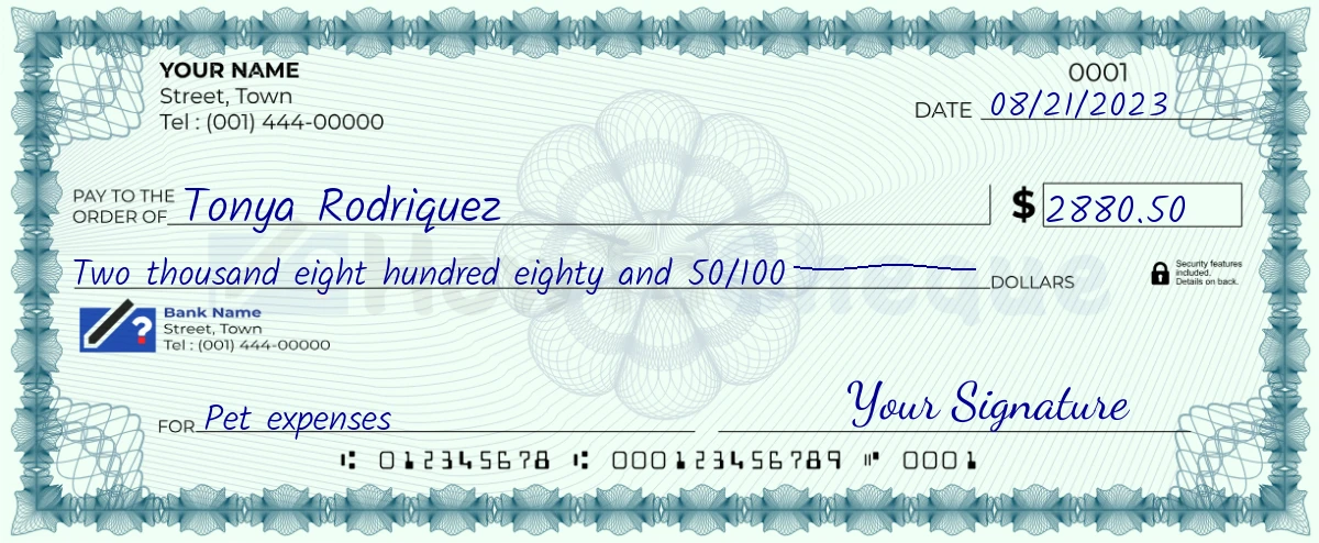 Example check of 2880 dollar 50 cent