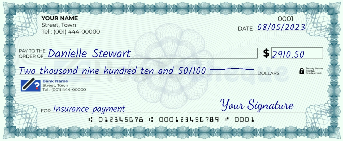Example check of 2910 dollar 50 cent