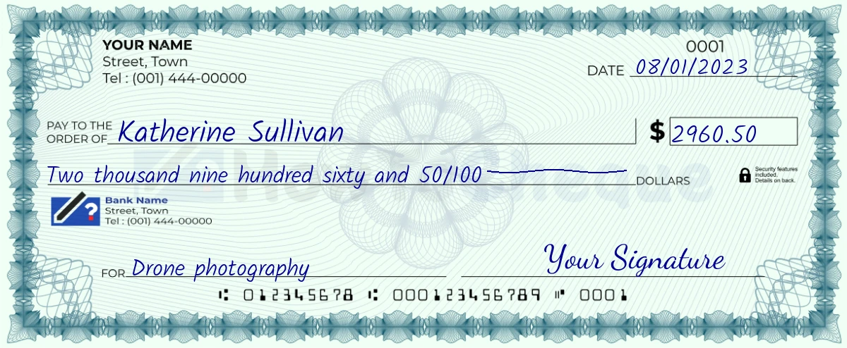 Example check of 2960 dollar 50 cent